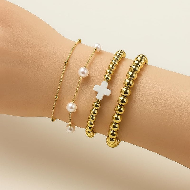 PEALICIOUS 2Pcs Chunky Bracelet for Women, Girls Gold Bangle Bracelet 7in Minimalist Silver Chunky Bangles Valentines Gifts, Trendy Gold Arm Cuff Upper Arm Band, Stack Bead Pearl Gift Summer Jewelry - Image 2